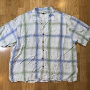 Tommy Bahama Mens 2X Button Up Linen Blend Shirt Plaid Embroider Camp Resortwear